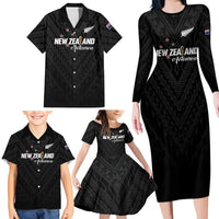 Custom Football New Zealand Family Matching Long Sleeve Bodycon Dress and Hawaiian Shirt Aotearoa United Black Version LT01 - Polynesian Pride