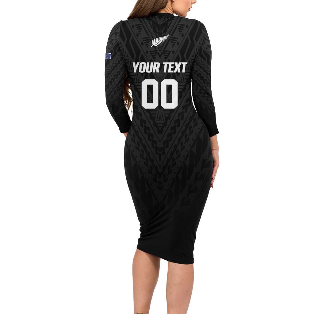 Custom Football New Zealand Family Matching Long Sleeve Bodycon Dress and Hawaiian Shirt Aotearoa United Black Version LT01 - Polynesian Pride
