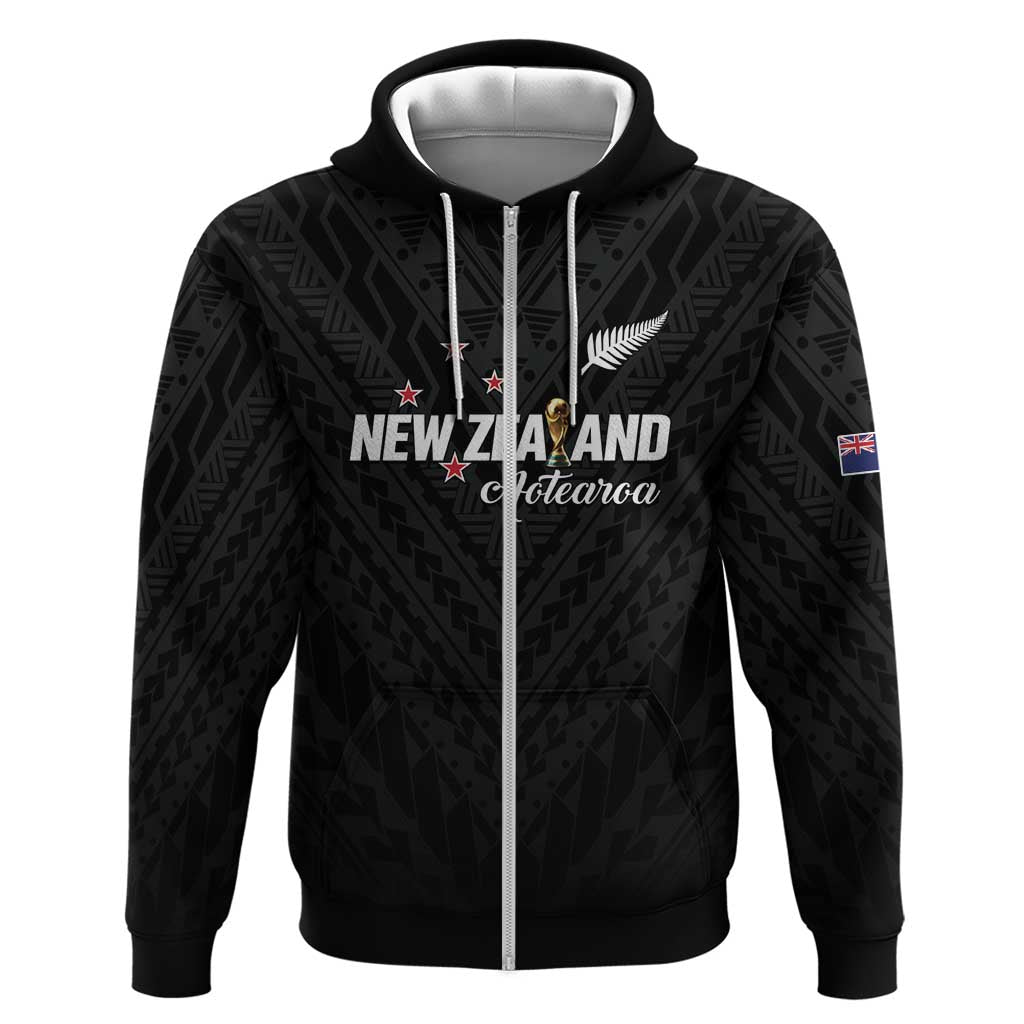 Custom Football New Zealand Hoodie Aotearoa United Black Version LT01 Zip Hoodie Black - Polynesian Pride