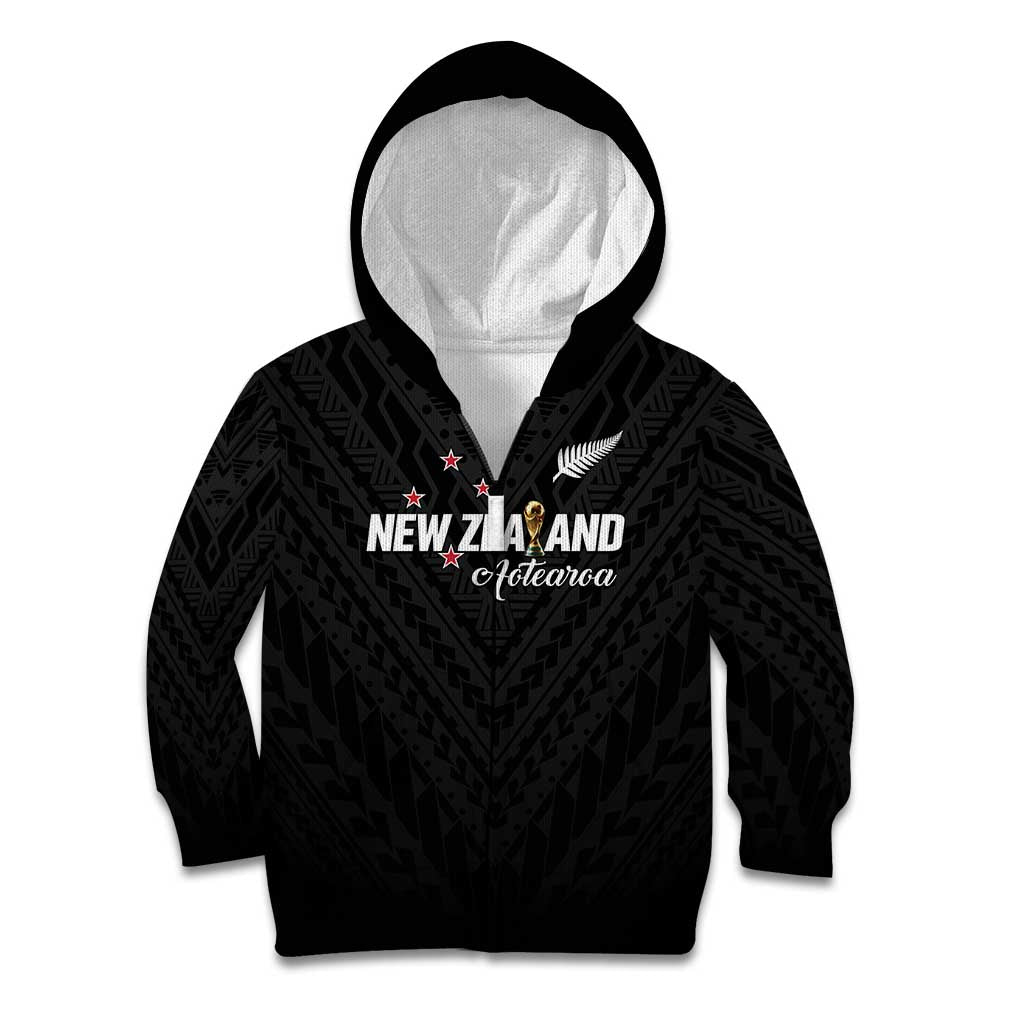 Custom Football New Zealand Kid Hoodie Aotearoa United Black Version LT01 Zip Hoodie Black - Polynesian Pride