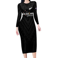 Custom Football New Zealand Long Sleeve Bodycon Dress Aotearoa United Black Version LT01 Long Dress Black - Polynesian Pride