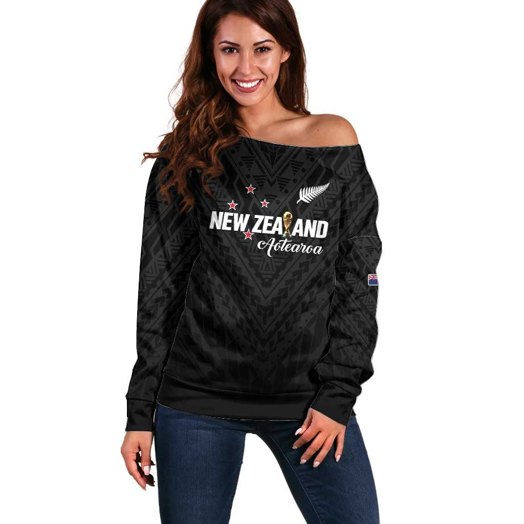Custom Football New Zealand Off Shoulder Sweater Aotearoa United Black Version - Polynesian Pride