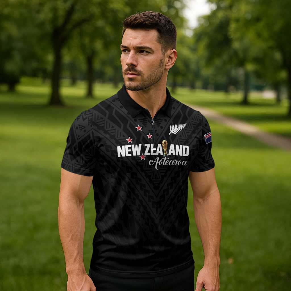 Custom Football New Zealand Zipper Polo Shirt Aotearoa United Black Version LT01 - Polynesian Pride