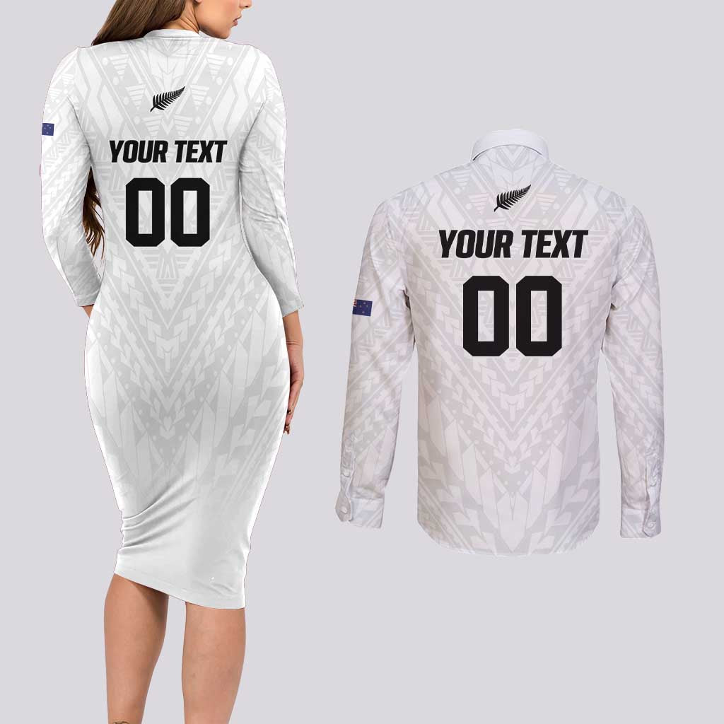 Custom Football New Zealand Couples Matching Long Sleeve Bodycon Dress and Long Sleeve Button Shirt Aotearoa United White Version LT01 - Polynesian Pride