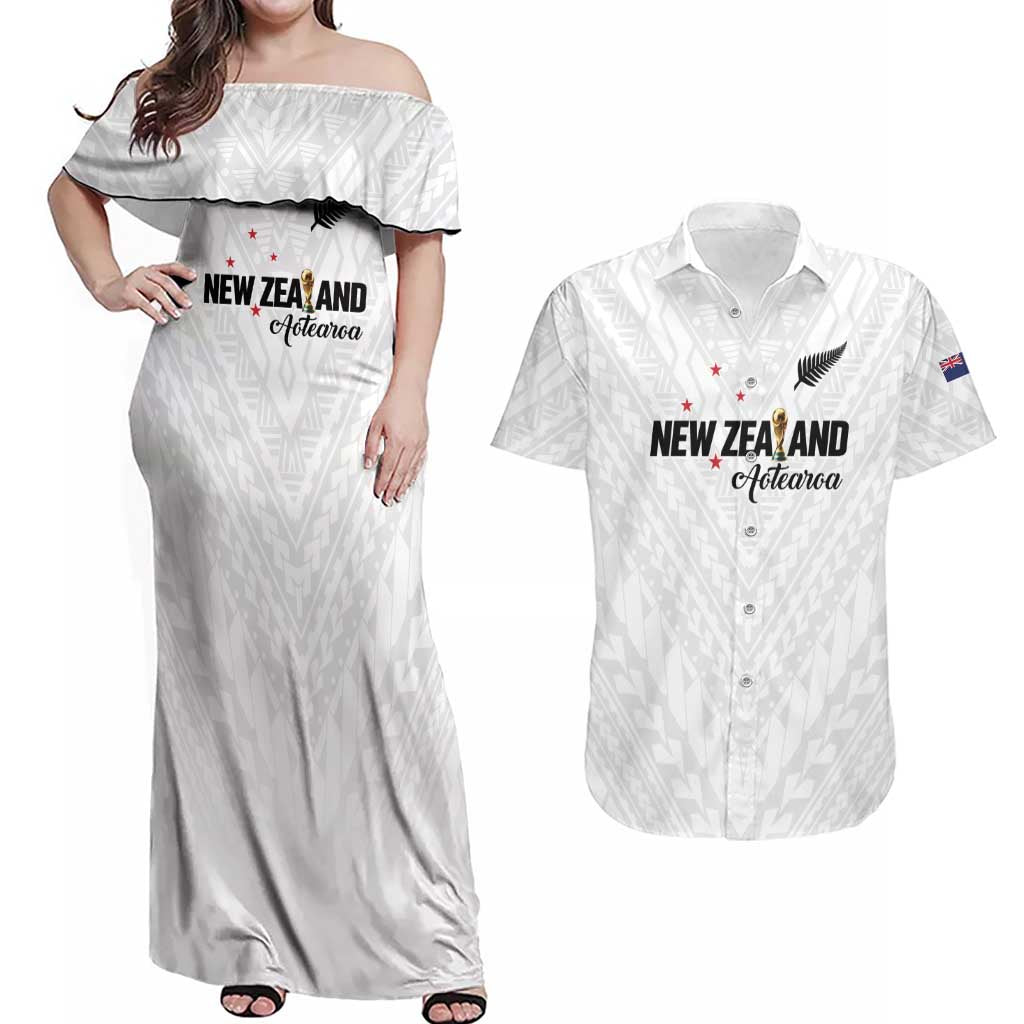 Custom Football New Zealand Couples Matching Off Shoulder Maxi Dress and Hawaiian Shirt Aotearoa United White Version LT01 White - Polynesian Pride