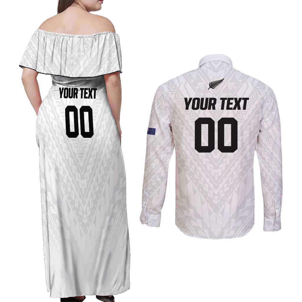 Custom Football New Zealand Couples Matching Off Shoulder Maxi Dress and Long Sleeve Button Shirt Aotearoa United White Version LT01 - Polynesian Pride
