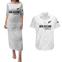 Custom Football New Zealand Couples Matching Puletasi and Hawaiian Shirt Aotearoa United White Version LT01 White - Polynesian Pride