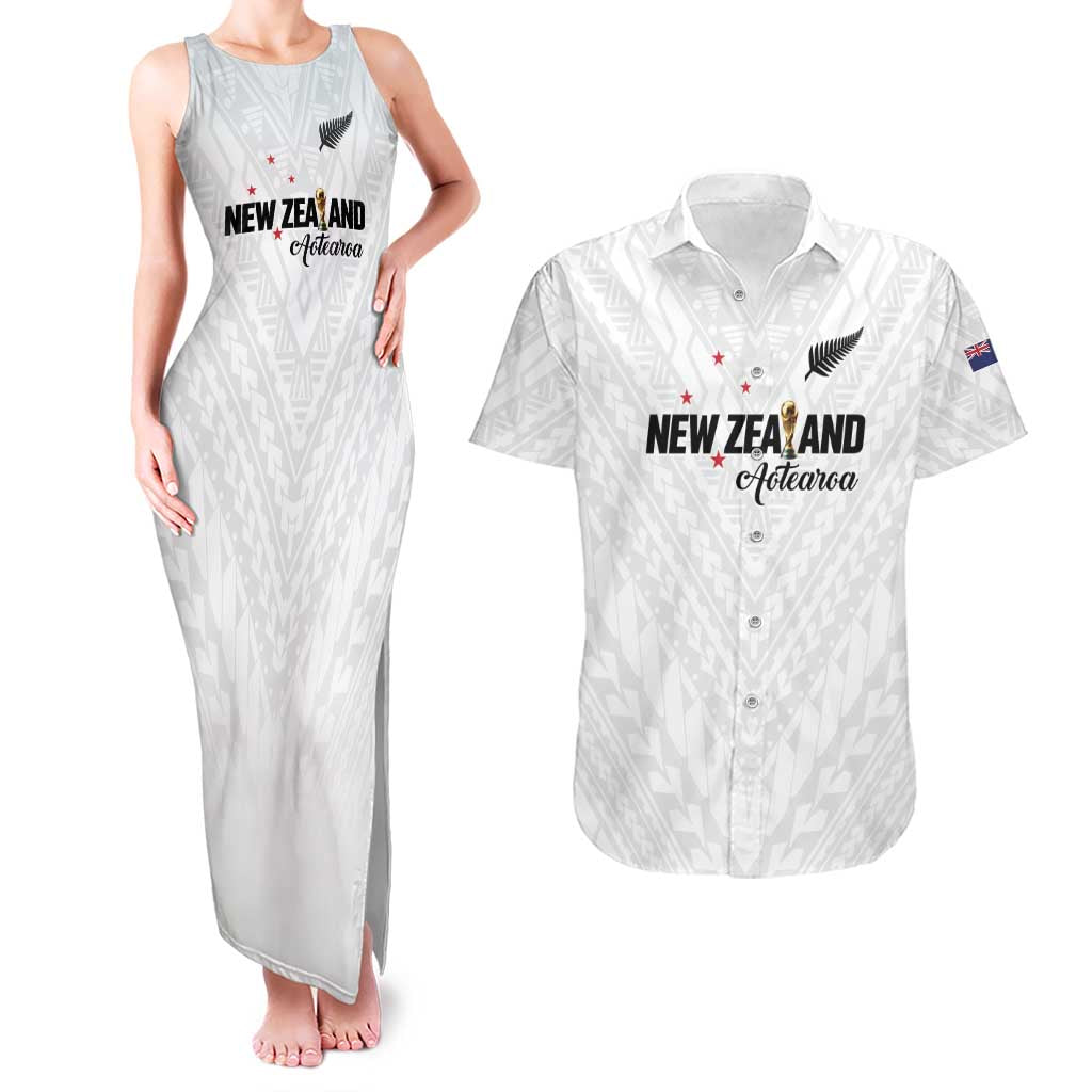Custom Football New Zealand Couples Matching Tank Maxi Dress and Hawaiian Shirt Aotearoa United White Version LT01 White - Polynesian Pride