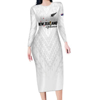 Custom Football New Zealand Family Matching Long Sleeve Bodycon Dress and Hawaiian Shirt Aotearoa United White Version LT01 Mom's Dress White - Polynesian Pride