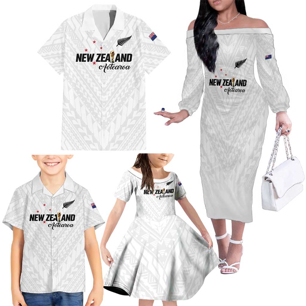 Custom Football New Zealand Family Matching Off The Shoulder Long Sleeve Dress and Hawaiian Shirt Aotearoa United White Version LT01 - Polynesian Pride