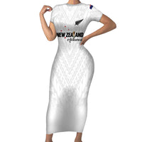 Custom Football New Zealand Family Matching Short Sleeve Bodycon Dress and Hawaiian Shirt Aotearoa United White Version LT01 Mom's Dress White - Polynesian Pride