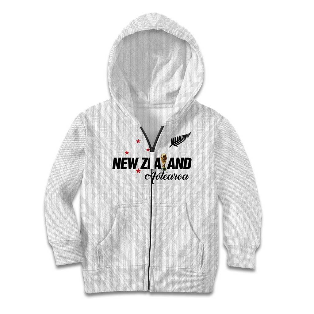 Custom Football New Zealand Kid Hoodie Aotearoa United White Version LT01 Zip Hoodie White - Polynesian Pride