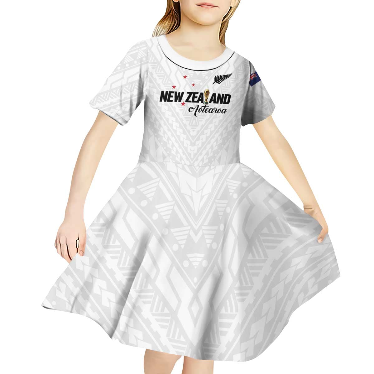 Custom Football New Zealand Kid Short Sleeve Dress Aotearoa United White Version LT01 - Polynesian Pride