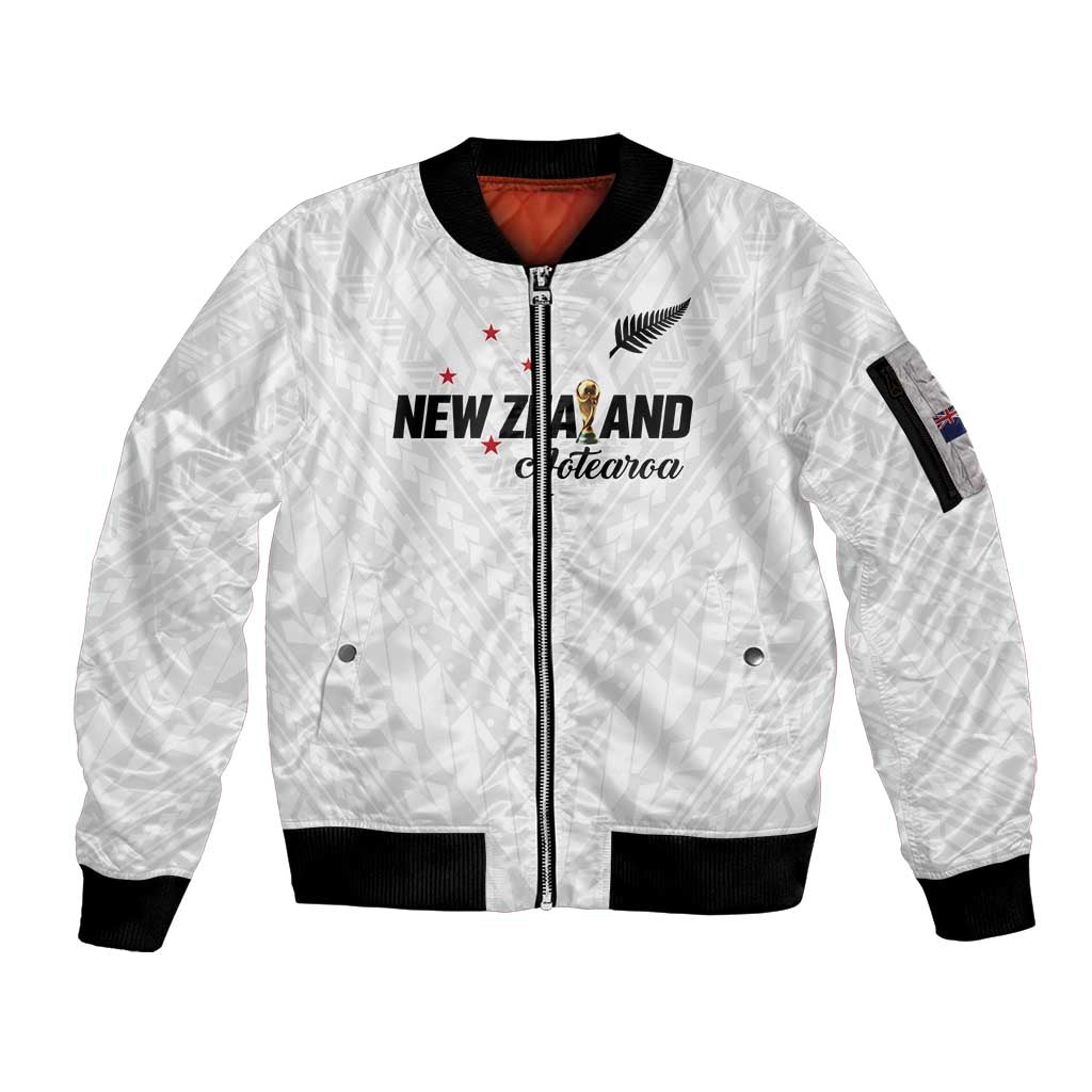 Custom Football New Zealand Sleeve Zip Bomber Jacket Aotearoa United White Version LT01 Unisex White - Polynesian Pride
