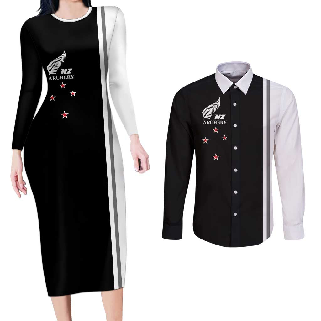 Personalised New Zealand 2025 Archery Basic Couples Matching Long Sleeve Bodycon Dress and Long Sleeve Button Shirt Archery NZ LT01 Black - Polynesian Pride
