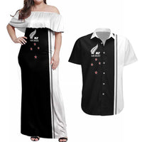 Personalised New Zealand 2025 Archery Basic Couples Matching Off Shoulder Maxi Dress and Hawaiian Shirt Archery NZ LT01 Black - Polynesian Pride