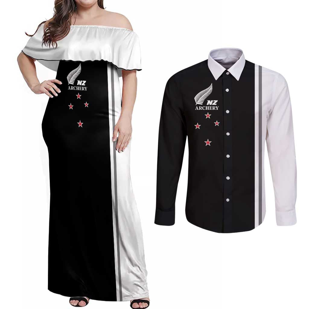 Personalised New Zealand 2025 Archery Basic Couples Matching Off Shoulder Maxi Dress and Long Sleeve Button Shirt Archery NZ LT01 Black - Polynesian Pride