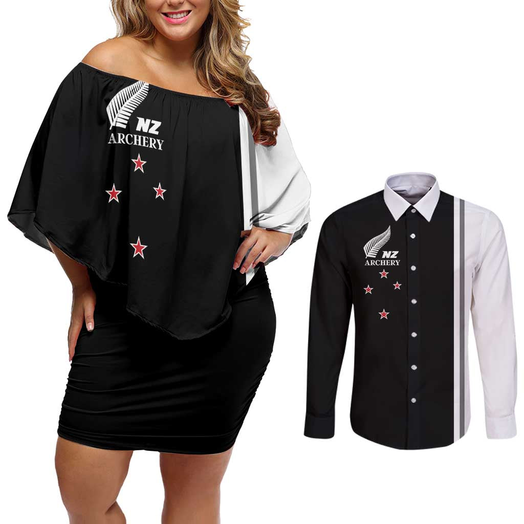 Personalised New Zealand 2025 Archery Basic Couples Matching Off Shoulder Short Dress and Long Sleeve Button Shirt Archery NZ LT01 Black - Polynesian Pride