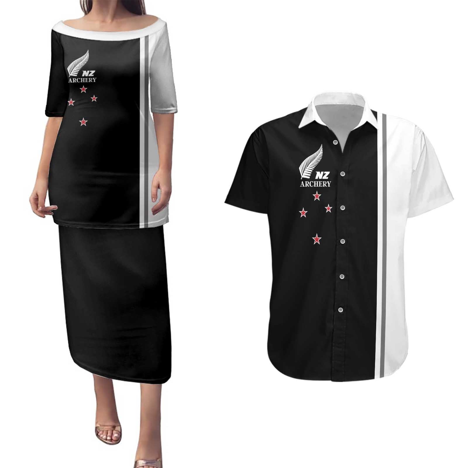 Personalised New Zealand 2025 Archery Basic Couples Matching Puletasi and Hawaiian Shirt Archery NZ LT01 Black - Polynesian Pride