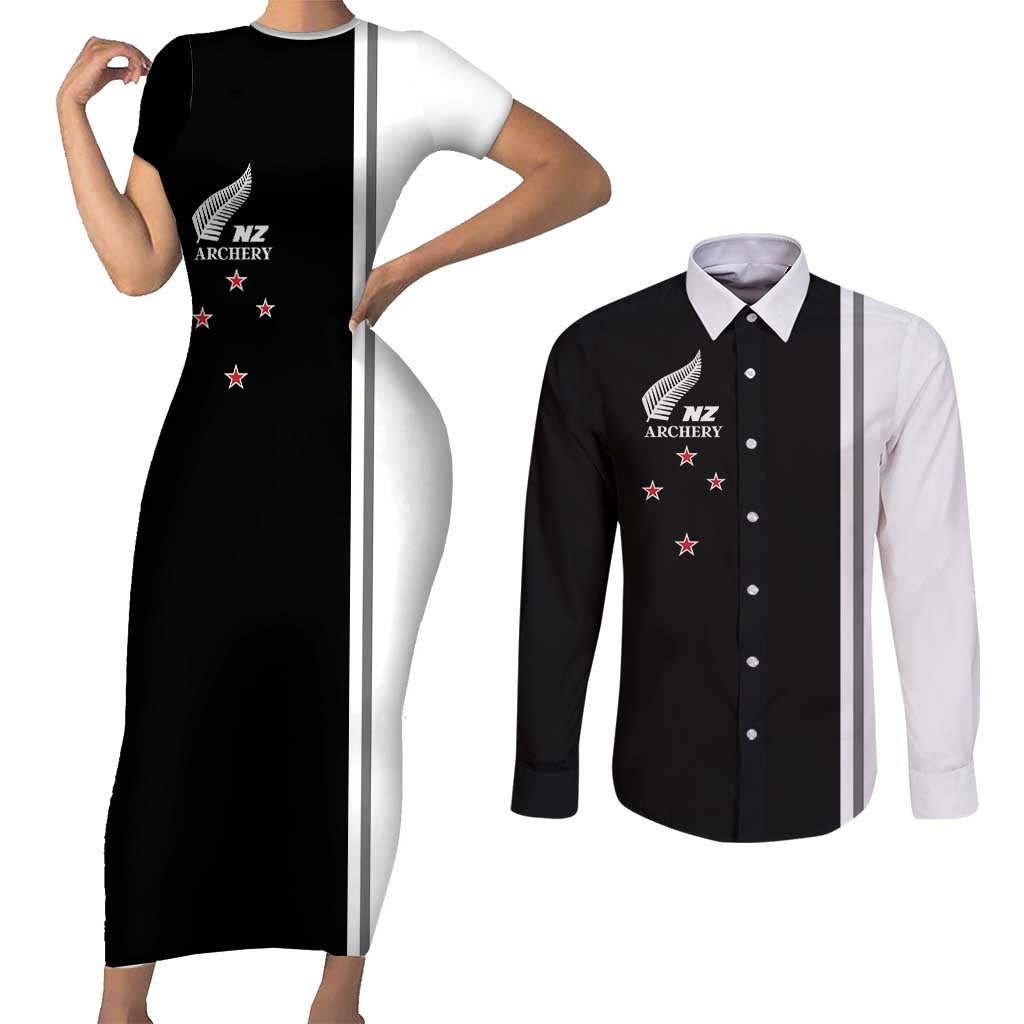 Personalised New Zealand 2025 Archery Basic Couples Matching Short Sleeve Bodycon Dress and Long Sleeve Button Shirt Archery NZ LT01 Black - Polynesian Pride