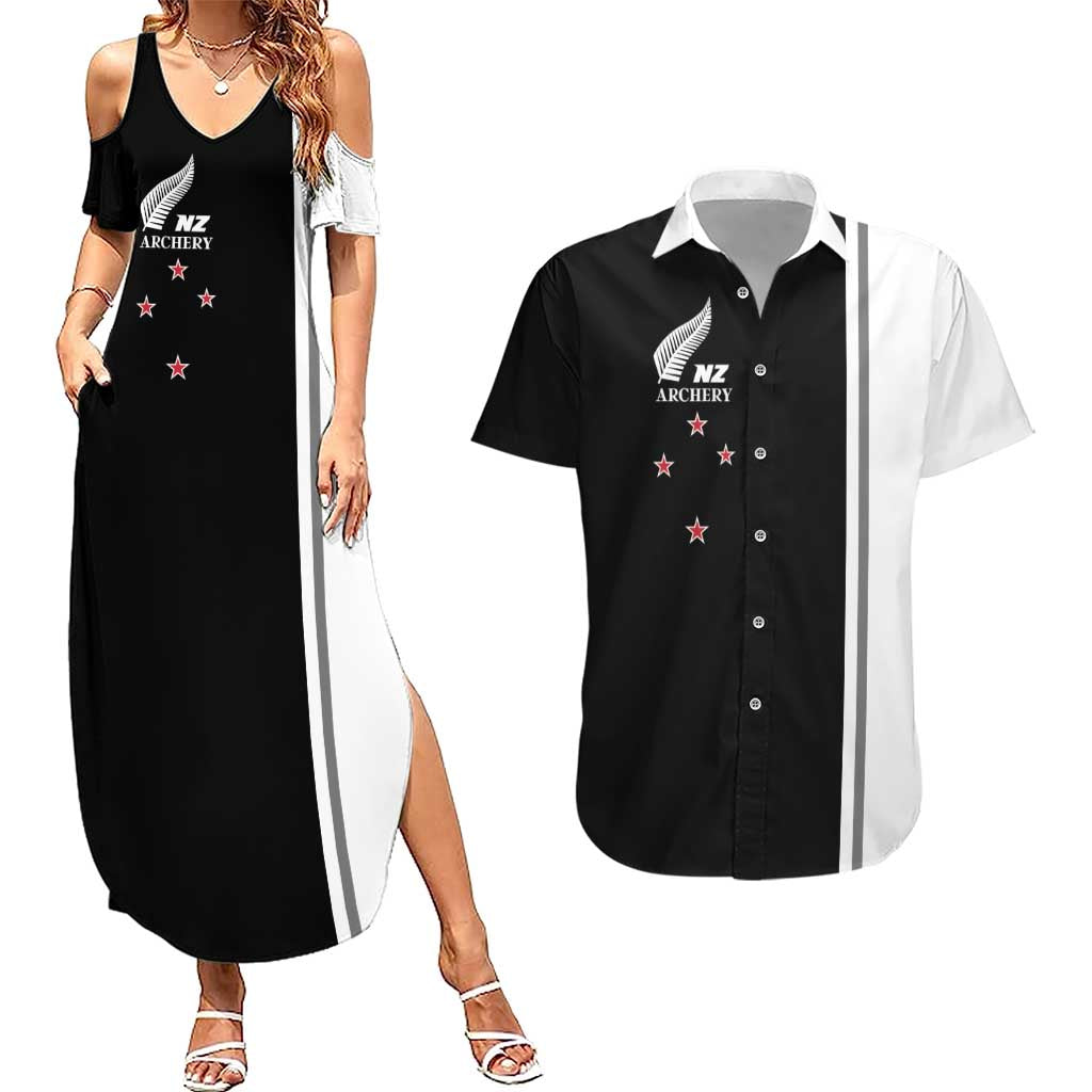 Personalised New Zealand 2025 Archery Basic Couples Matching Summer Maxi Dress and Hawaiian Shirt Archery NZ LT01 Black - Polynesian Pride