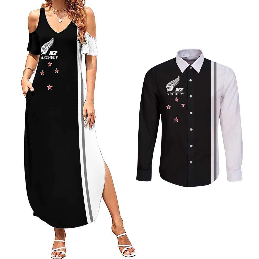 Personalised New Zealand 2025 Archery Basic Couples Matching Summer Maxi Dress and Long Sleeve Button Shirt Archery NZ LT01 Black - Polynesian Pride