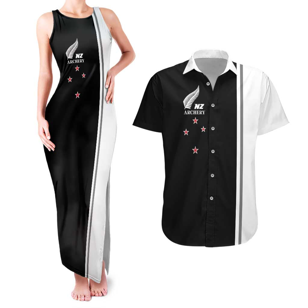 Personalised New Zealand 2025 Archery Basic Couples Matching Tank Maxi Dress and Hawaiian Shirt Archery NZ LT01 Black - Polynesian Pride