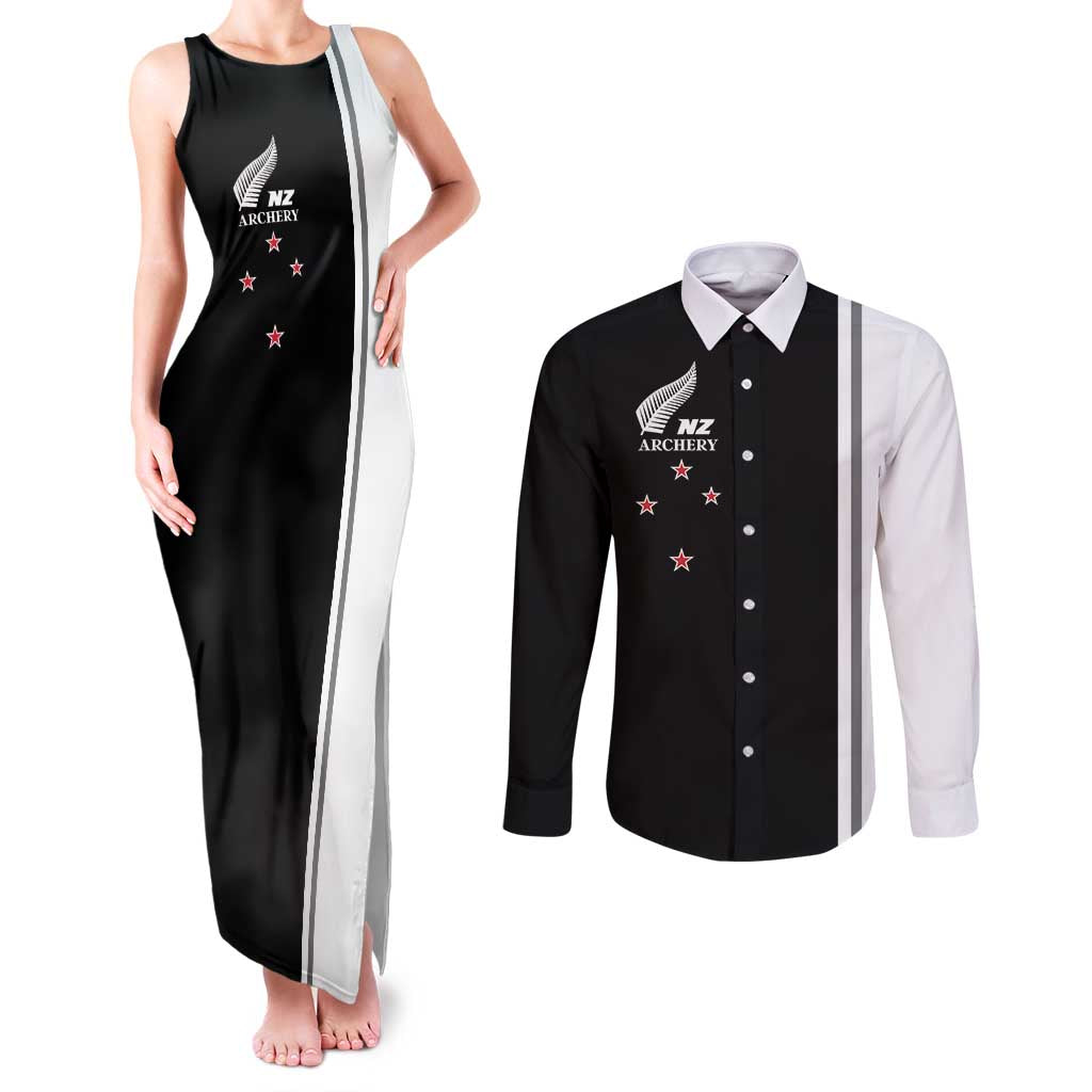 Personalised New Zealand 2025 Archery Basic Couples Matching Tank Maxi Dress and Long Sleeve Button Shirt Archery NZ LT01 Black - Polynesian Pride