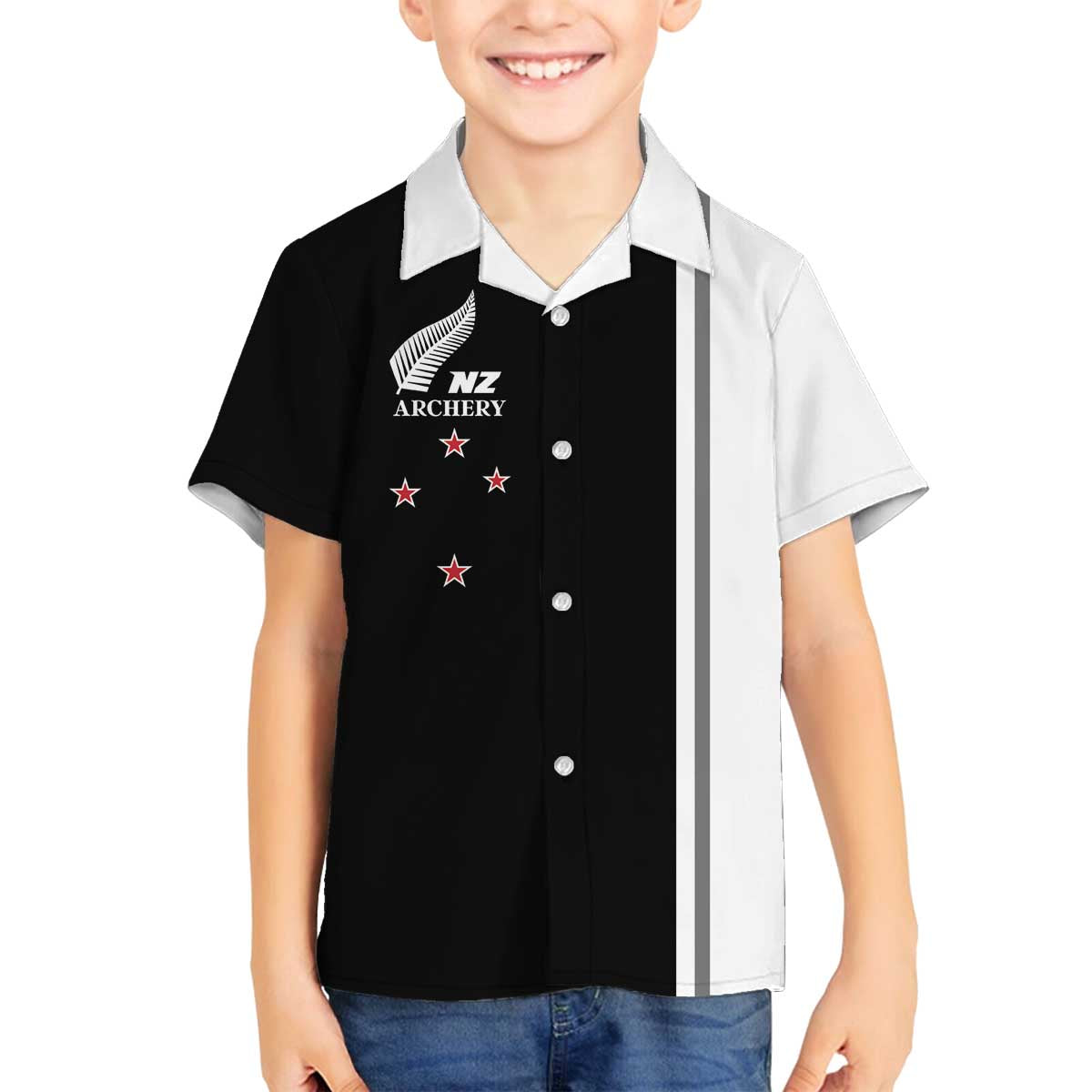 Personalised New Zealand 2025 Archery Basic Family Matching Off The Shoulder Long Sleeve Dress and Hawaiian Shirt Archery NZ LT01 Son's Shirt Black - Polynesian Pride