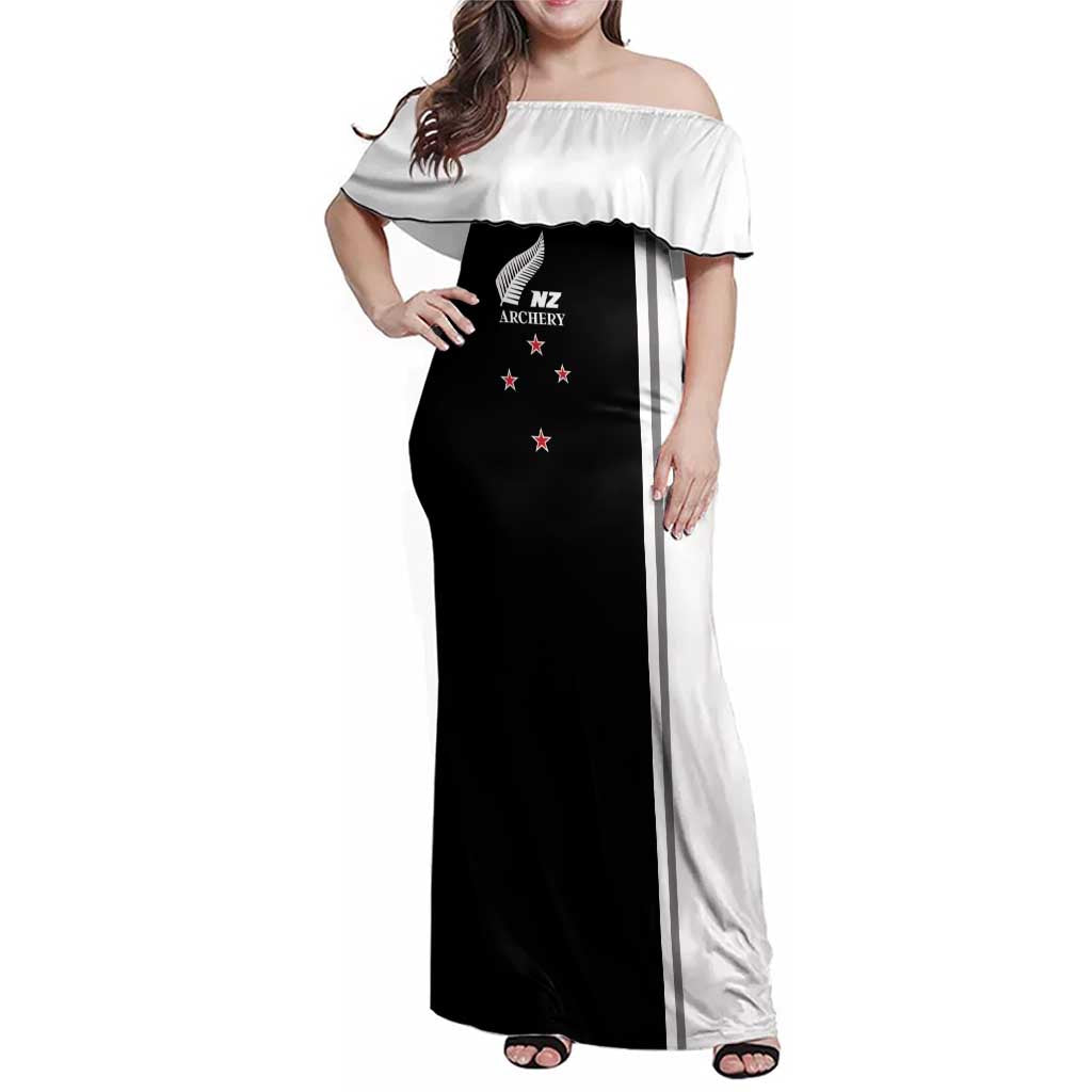 Personalised New Zealand 2025 Archery Basic Family Matching Off Shoulder Maxi Dress and Hawaiian Shirt Archery NZ LT01 Mom's Dress Black - Polynesian Pride