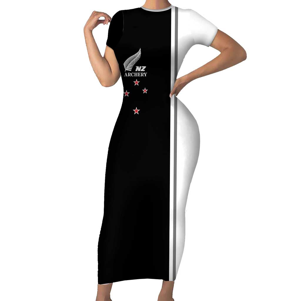 Personalised New Zealand 2025 Archery Basic Short Sleeve Bodycon Dress Archery NZ LT01 Long Dress Black - Polynesian Pride