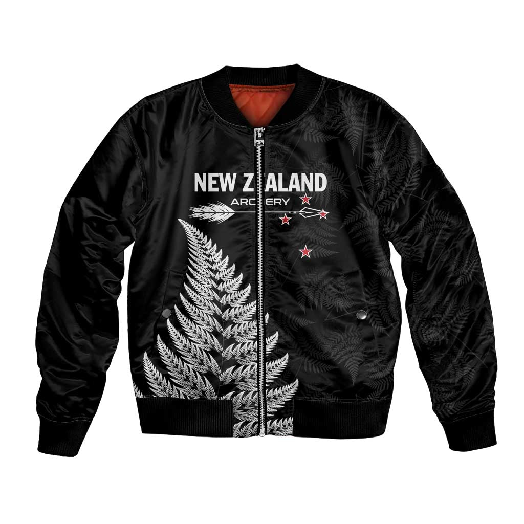 Personalised New Zealand 2025 Archery Bomber Jacket Aotearoa Silver Arrows Black LT01 Unisex Black - Polynesian Pride