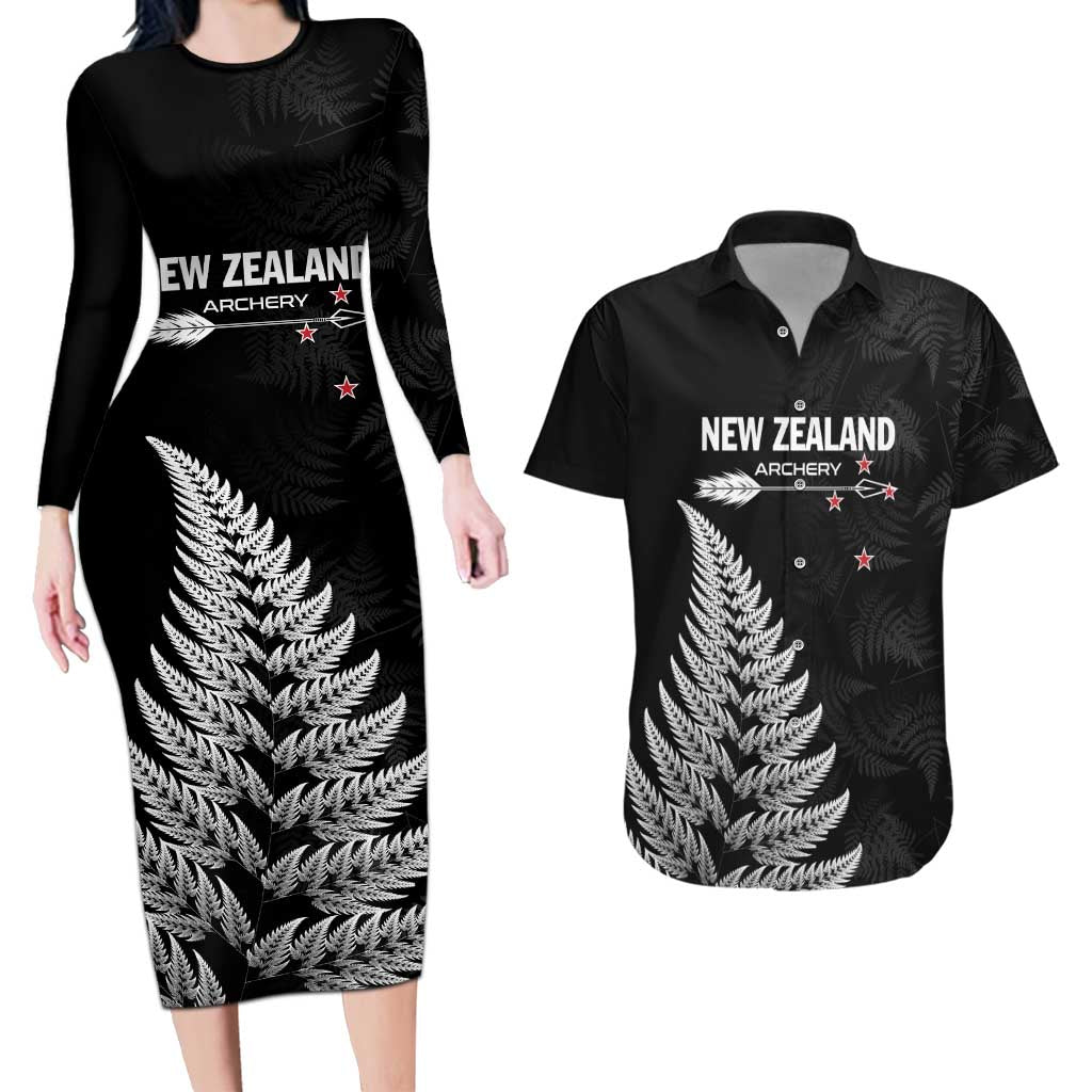 Personalised New Zealand 2025 Archery Couples Matching Long Sleeve Bodycon Dress and Hawaiian Shirt Aotearoa Silver Arrows Black LT01 Black - Polynesian Pride