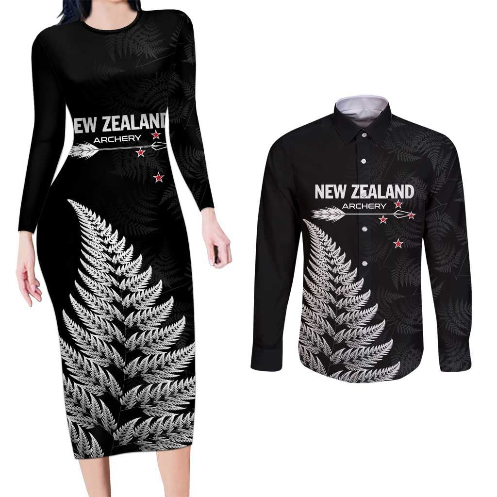 Personalised New Zealand 2025 Archery Couples Matching Long Sleeve Bodycon Dress and Long Sleeve Button Shirt Aotearoa Silver Arrows Black LT01 Black - Polynesian Pride