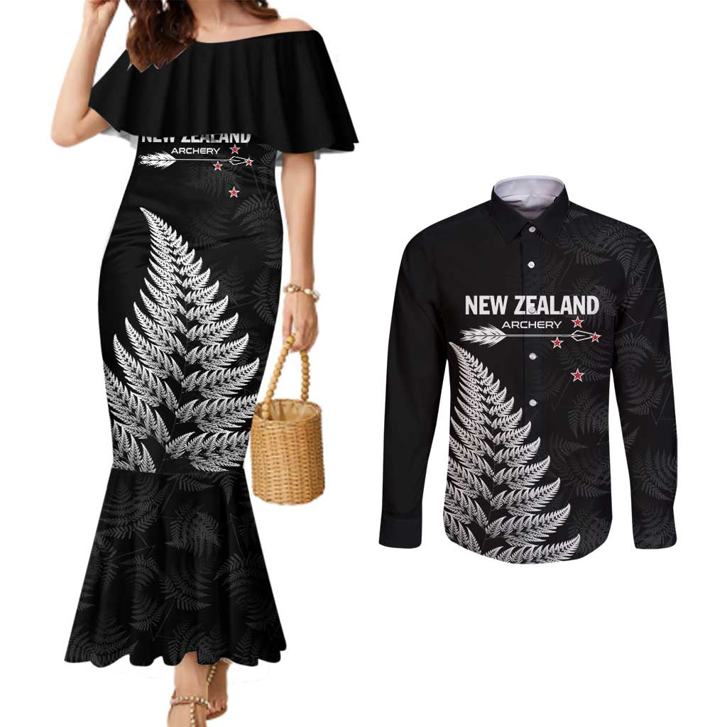 Personalised New Zealand 2025 Archery Couples Matching Mermaid Dress and Long Sleeve Button Shirt Aotearoa Silver Arrows Black LT01 Black - Polynesian Pride