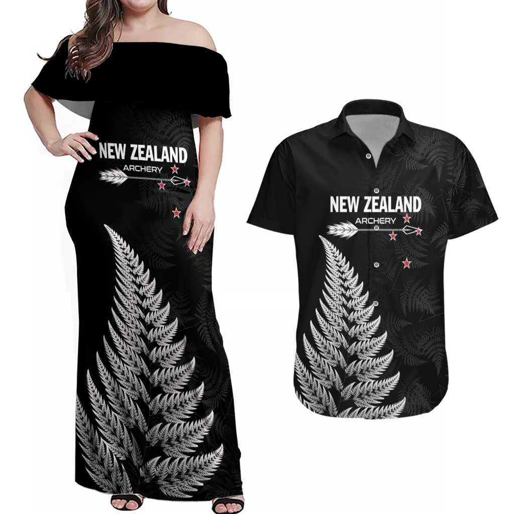 Personalised New Zealand 2025 Archery Couples Matching Off Shoulder Maxi Dress and Hawaiian Shirt Aotearoa Silver Arrows Black LT01 Black - Polynesian Pride