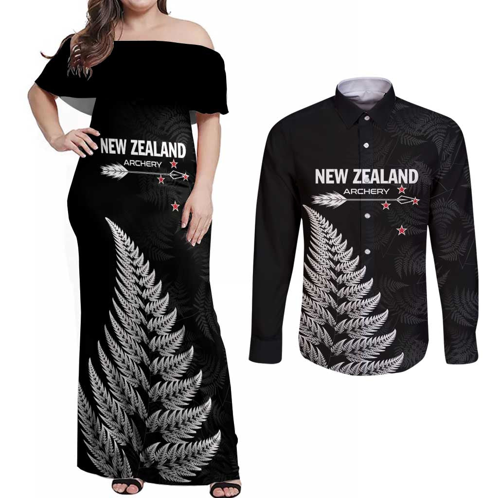 Personalised New Zealand 2025 Archery Couples Matching Off Shoulder Maxi Dress and Long Sleeve Button Shirt Aotearoa Silver Arrows Black LT01 Black - Polynesian Pride
