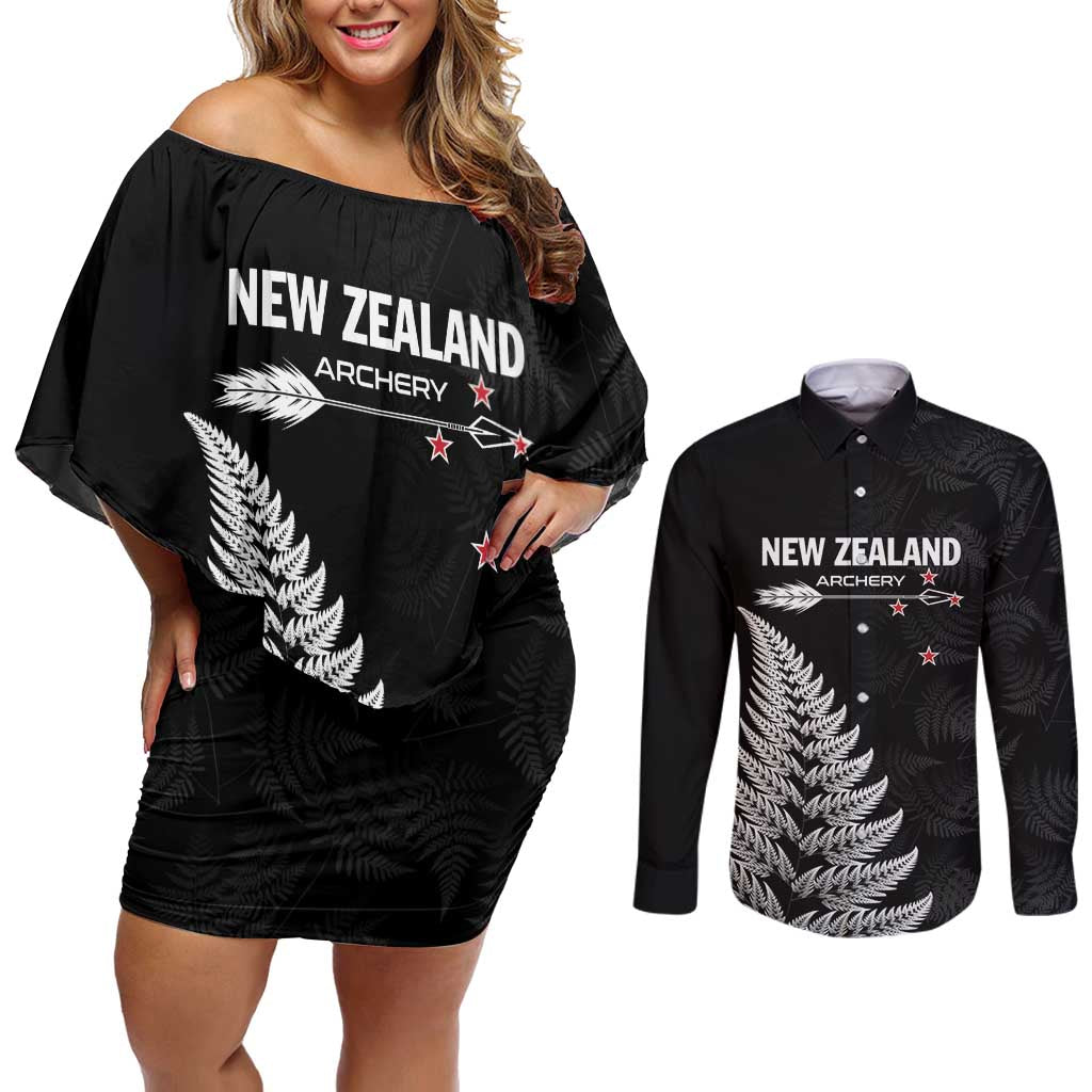Personalised New Zealand 2025 Archery Couples Matching Off Shoulder Short Dress and Long Sleeve Button Shirt Aotearoa Silver Arrows Black LT01 Black - Polynesian Pride