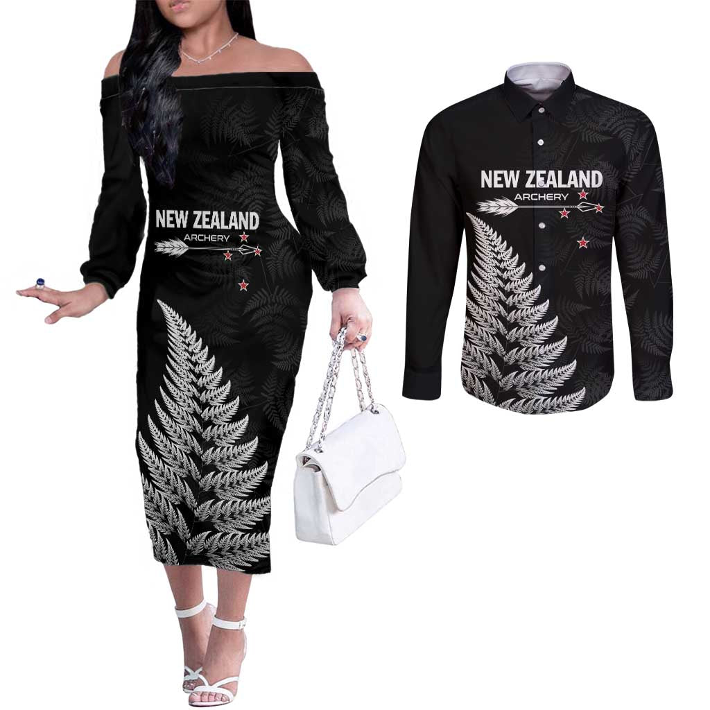 Personalised New Zealand 2025 Archery Couples Matching Off The Shoulder Long Sleeve Dress and Long Sleeve Button Shirt Aotearoa Silver Arrows Black LT01 Black - Polynesian Pride