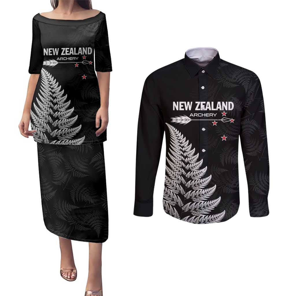 Personalised New Zealand 2025 Archery Couples Matching Puletasi and Long Sleeve Button Shirt Aotearoa Silver Arrows Black LT01 Black - Polynesian Pride