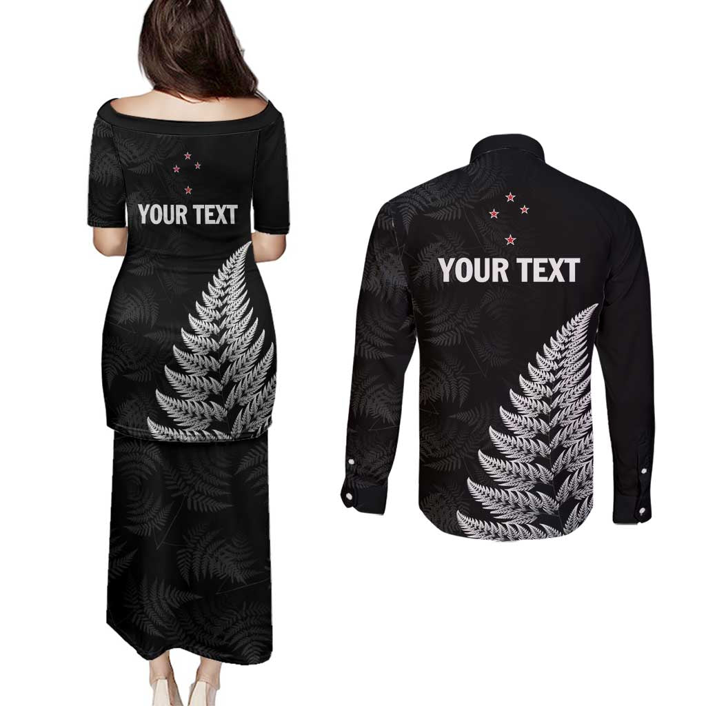 Personalised New Zealand 2025 Archery Couples Matching Puletasi and Long Sleeve Button Shirt Aotearoa Silver Arrows Black LT01 - Polynesian Pride
