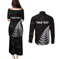 Personalised New Zealand 2025 Archery Couples Matching Puletasi and Long Sleeve Button Shirt Aotearoa Silver Arrows Black LT01 - Polynesian Pride