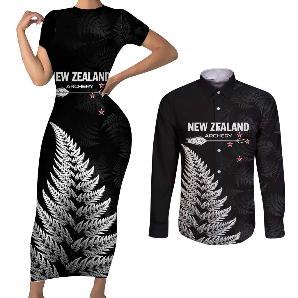 Personalised New Zealand 2025 Archery Couples Matching Short Sleeve Bodycon Dress and Long Sleeve Button Shirt Aotearoa Silver Arrows Black LT01 Black - Polynesian Pride
