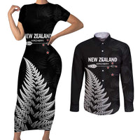 Personalised New Zealand 2025 Archery Couples Matching Short Sleeve Bodycon Dress and Long Sleeve Button Shirt Aotearoa Silver Arrows Black LT01 Black - Polynesian Pride