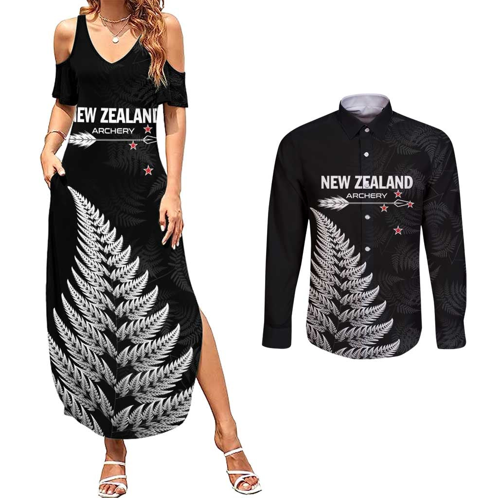 Personalised New Zealand 2025 Archery Couples Matching Summer Maxi Dress and Long Sleeve Button Shirt Aotearoa Silver Arrows Black LT01 Black - Polynesian Pride
