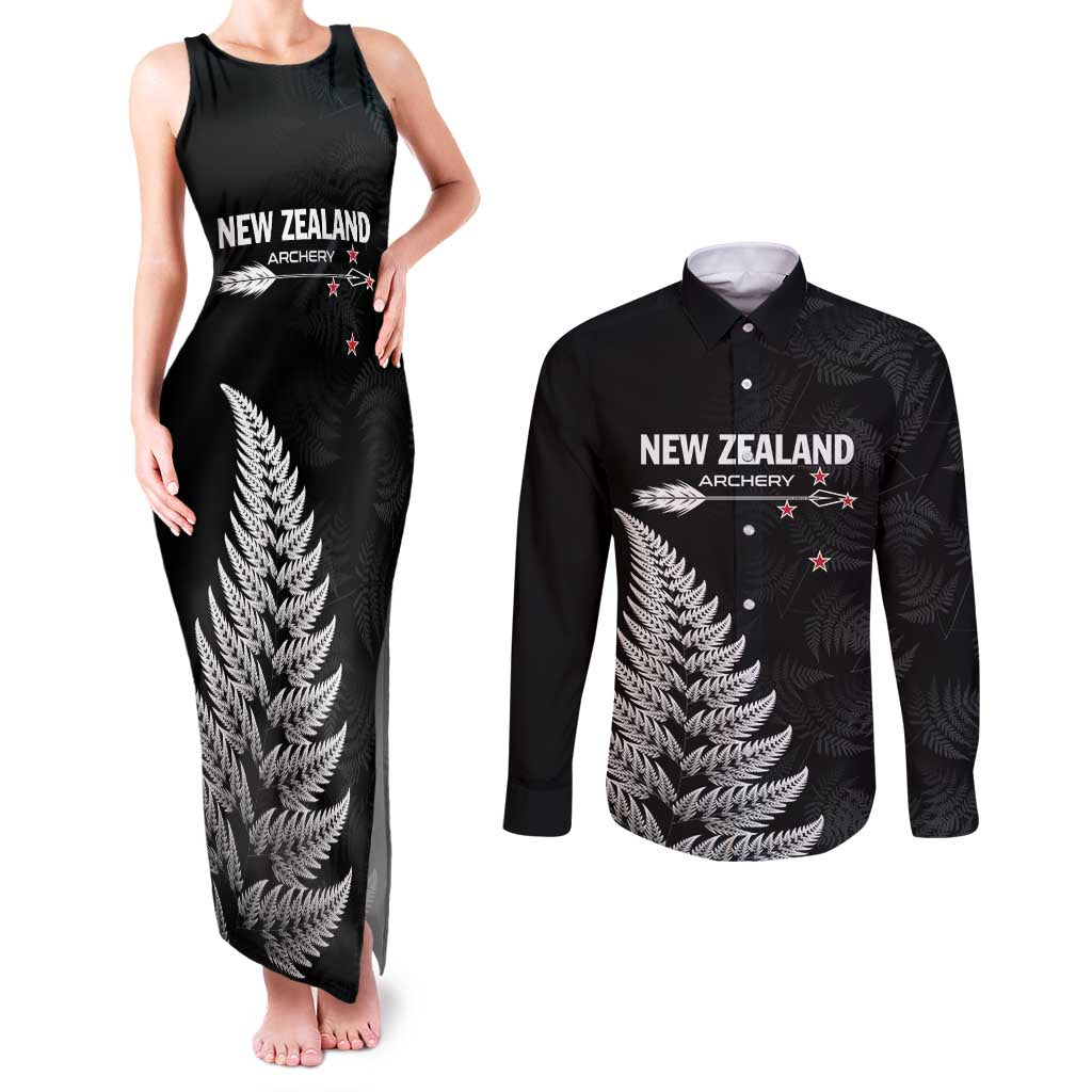 Personalised New Zealand 2025 Archery Couples Matching Tank Maxi Dress and Long Sleeve Button Shirt Aotearoa Silver Arrows Black LT01 Black - Polynesian Pride