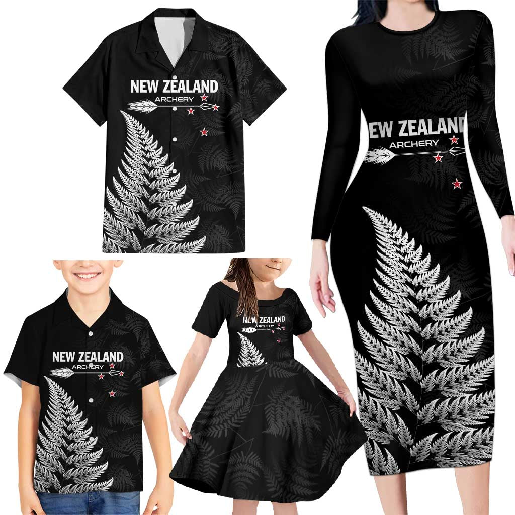 Personalised New Zealand 2025 Archery Family Matching Long Sleeve Bodycon Dress and Hawaiian Shirt Aotearoa Silver Arrows Black LT01 - Polynesian Pride