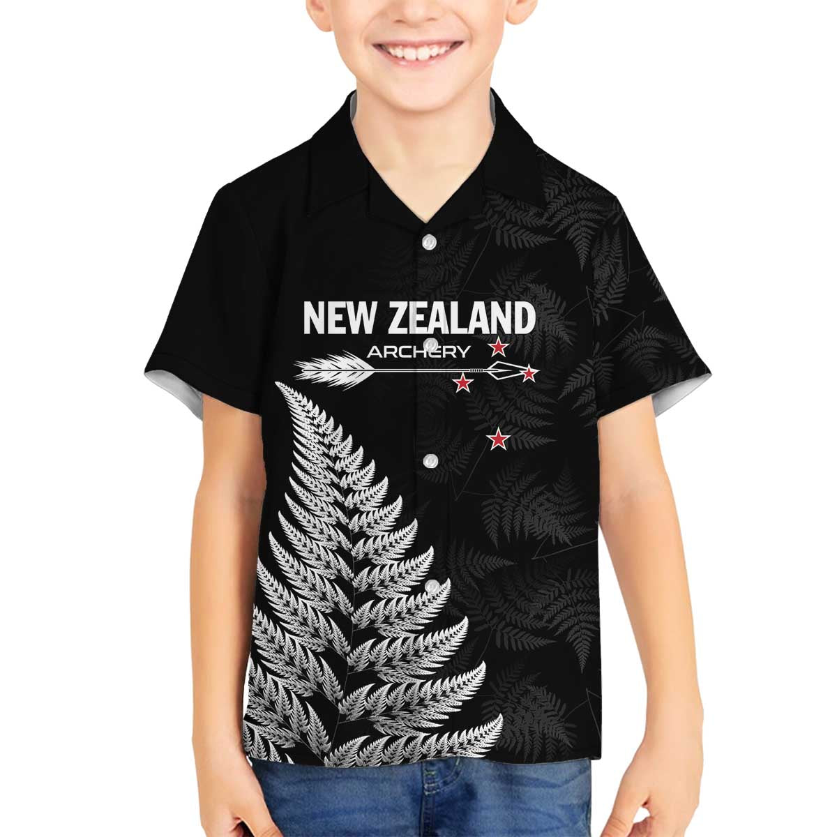 Personalised New Zealand 2025 Archery Family Matching Off The Shoulder Long Sleeve Dress and Hawaiian Shirt Aotearoa Silver Arrows Black LT01 Son's Shirt Black - Polynesian Pride