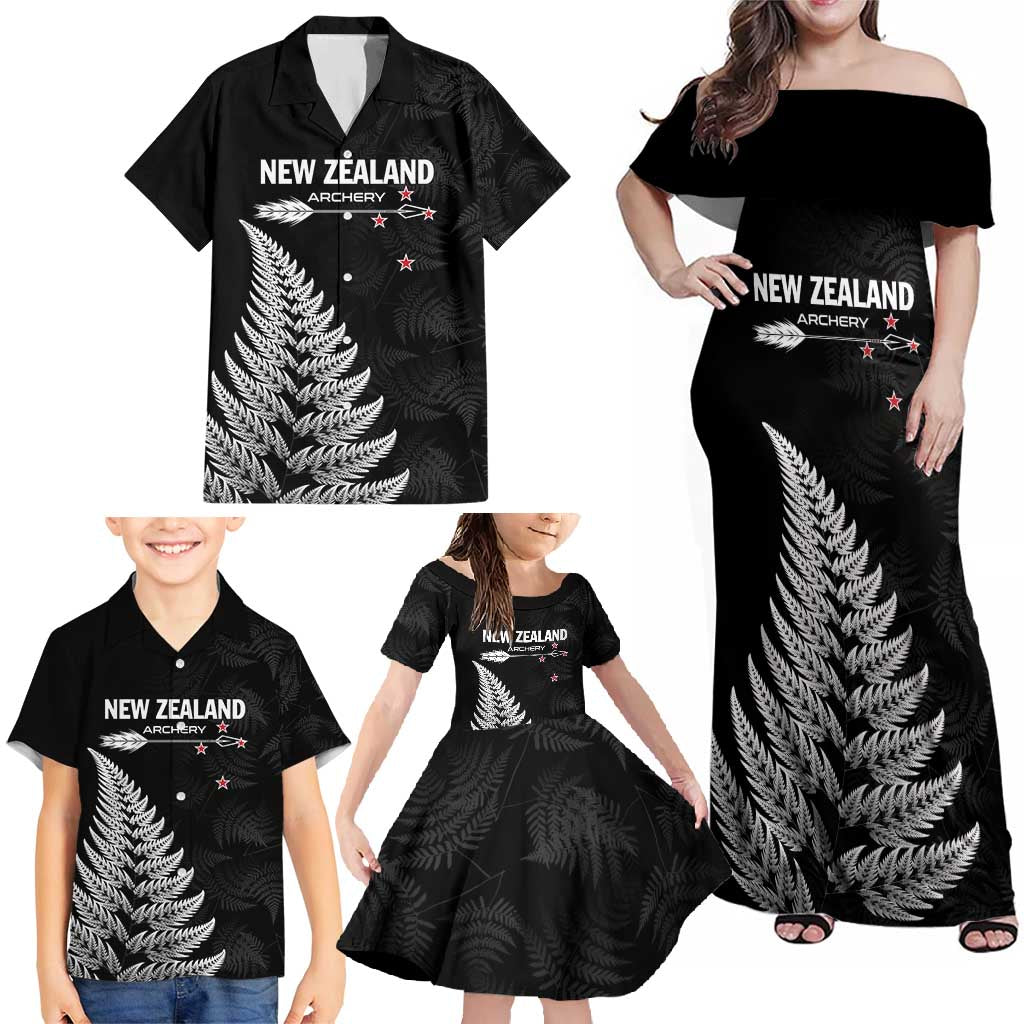 Personalised New Zealand 2025 Archery Family Matching Off Shoulder Maxi Dress and Hawaiian Shirt Aotearoa Silver Arrows Black LT01 - Polynesian Pride