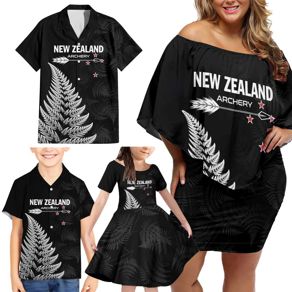 Personalised New Zealand 2025 Archery Family Matching Off Shoulder Short Dress and Hawaiian Shirt Aotearoa Silver Arrows Black LT01 - Polynesian Pride
